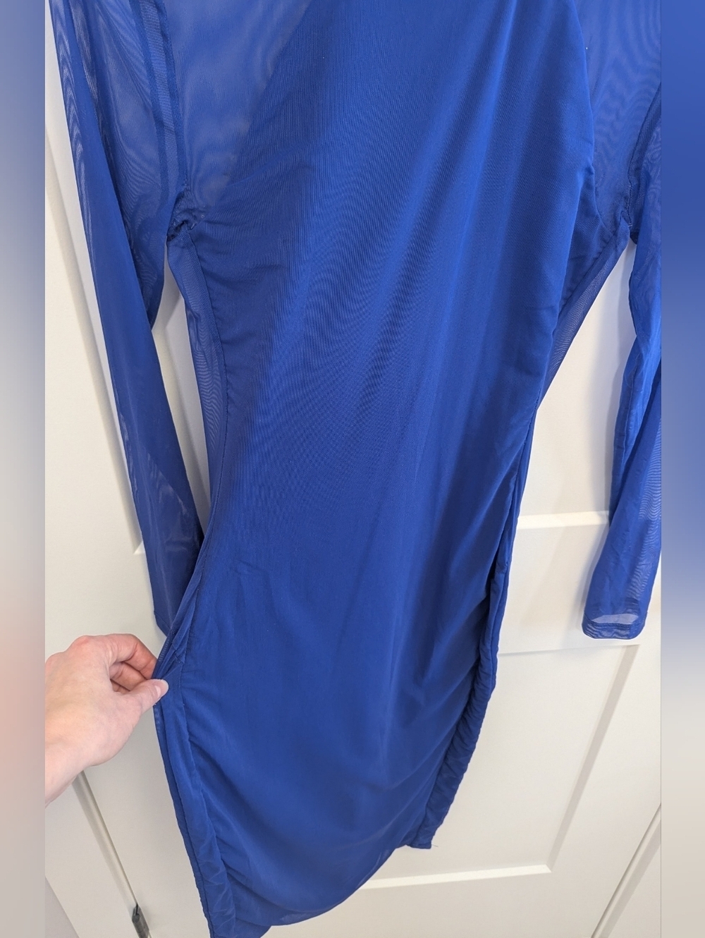 Babaton Mesh Ruched Midi Dress Blue Long Sleeve Bodycon - Picture 4 of 7